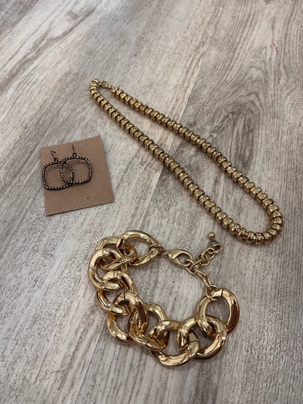 Fashion Jewelry Bundle: Gold-tone Chain Bracelet,  Necklace, and earrings